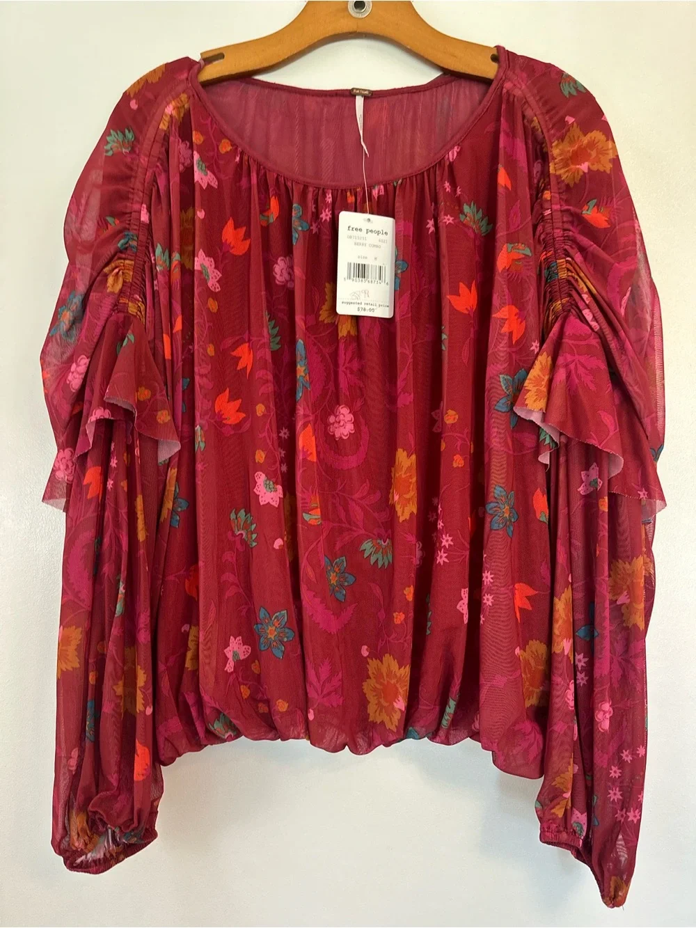 Free People Floral Puff-Sleeve Peasant Blouse in Berry Multi